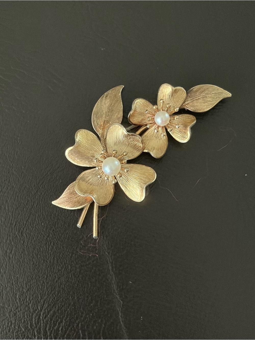 Vintage Gold Floral Brooch with Pearl Centers